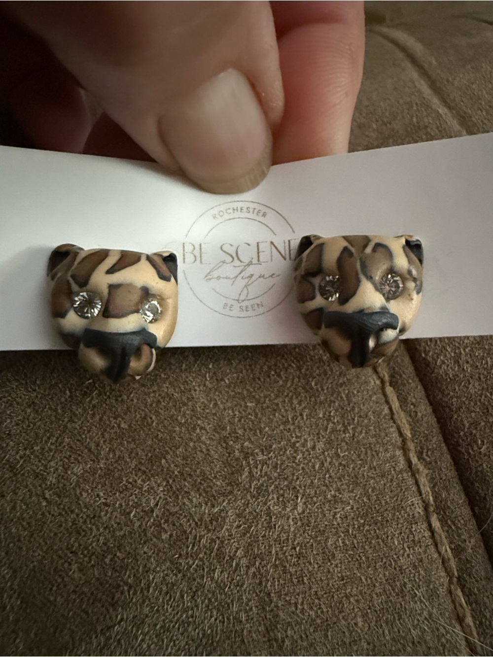 Vintage handmade polymer clay leopard w/ crystal eyes clip on earrings RARE
